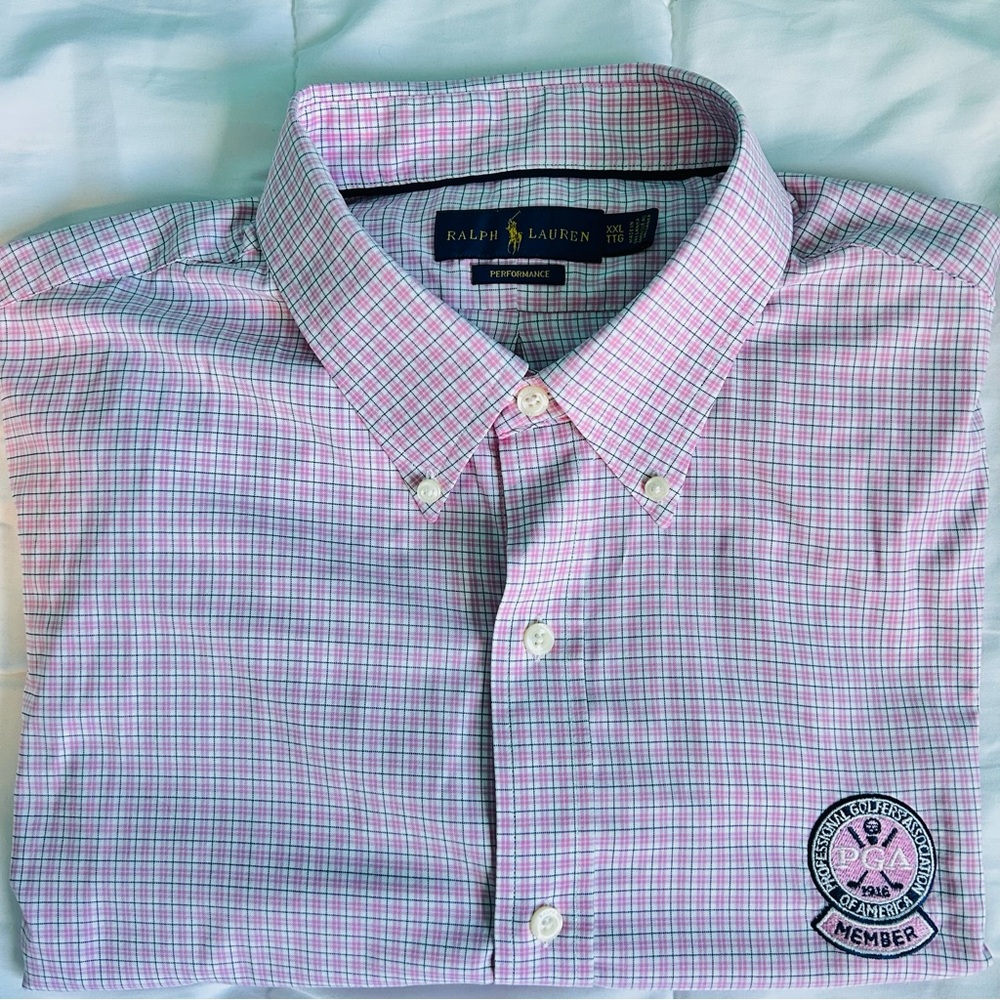 Ralph Lauren Performance Botton Down PGA Member Logo Pink Blue Plaid Men’s XXL
